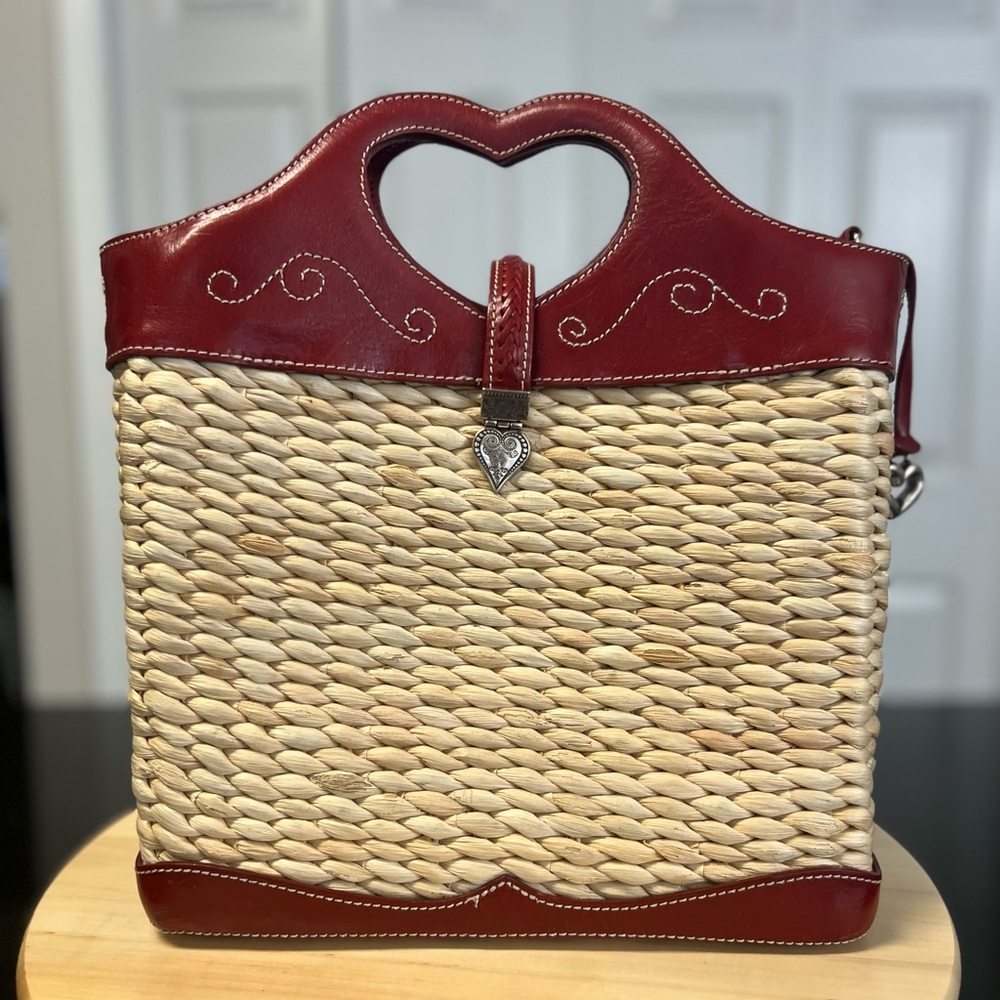 Brighton Red Rattan Straw Wicker Heart Shaped Tote